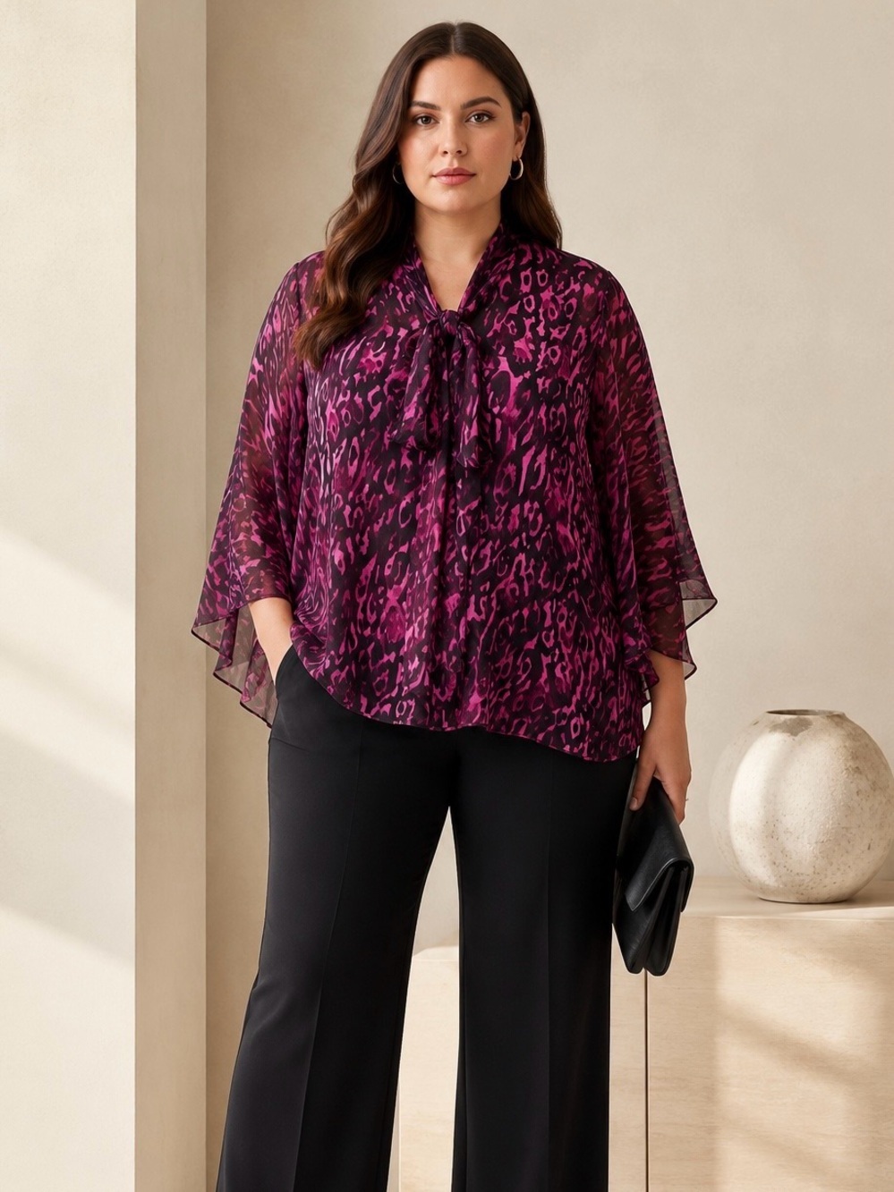 Lafayette 148 New York Purple Animal Print 100% Silk Tie-Neck Flutter Sleeve Top
